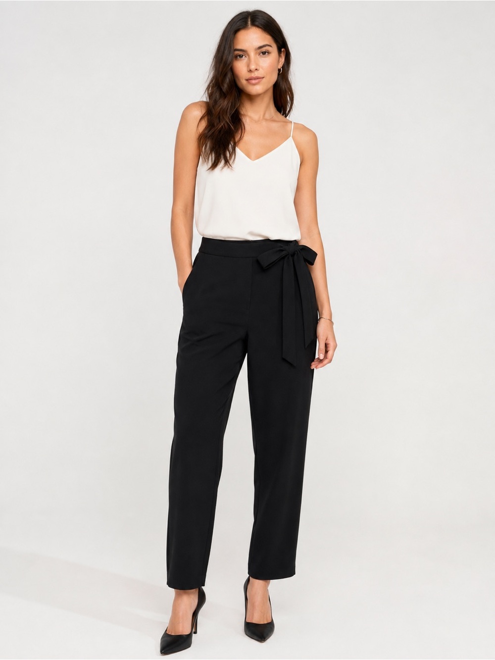 Lea & Viola Black High-Waist Straight-Leg Pants with Waist Tie